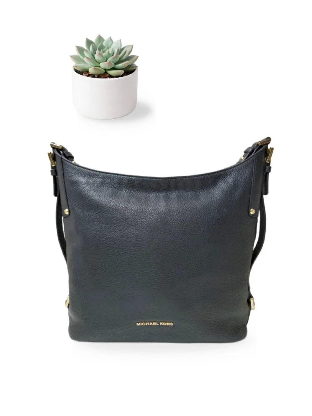 Michael Kors Bedford Large Black Pebbled Leather Hobo Shoulder Bag Gold Hardware